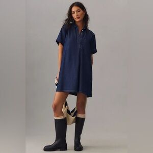 Pilcro Anthropologie Denim Utility Mini Shirt Dress Dark Blue Size XL